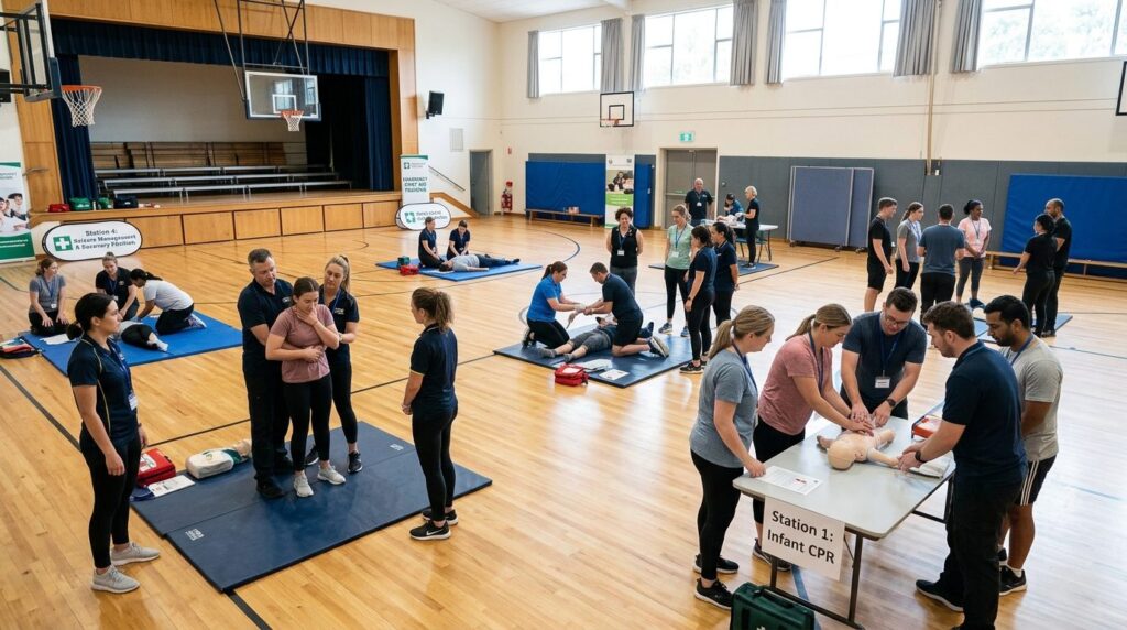 Wide shot of a school gymnasium or institutional hall where 