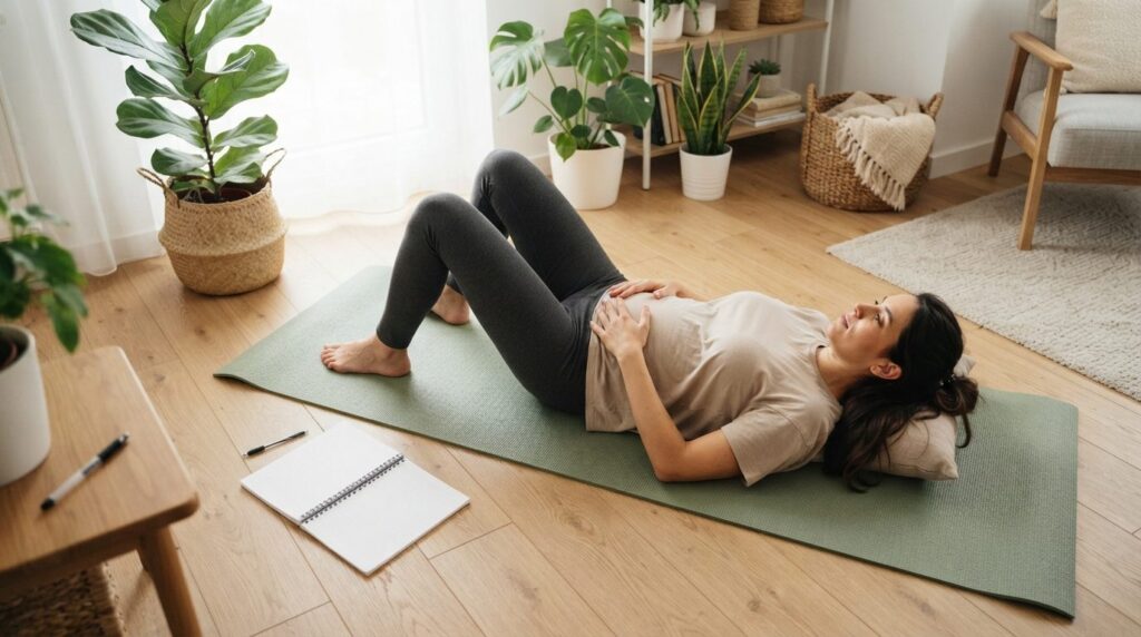 Overhead view of a postpartum woman doing pelvic floor exerc